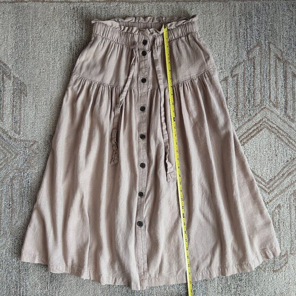 Romantic Cottage Peasant Linen Button Front Midi Skirt Neutral Tie Tiered XS - Picture 11 of 11